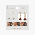 3-Pair Earring Set with Red Fan Dangles and Studs