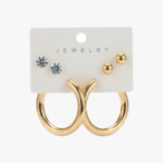 3-Pair Earring Set with Gold-Bronze Tone Hoops, Crystal Studs, and Ball Studs