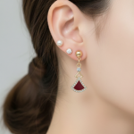 3-Pair Earring Set with Red Fan Dangles and Studs - Image 2