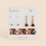 3-Pair Earring Set with Red Fan Dangles and Studs