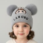 Labubu Grey Double Pom-Pom Knitted Beanie - Image 2