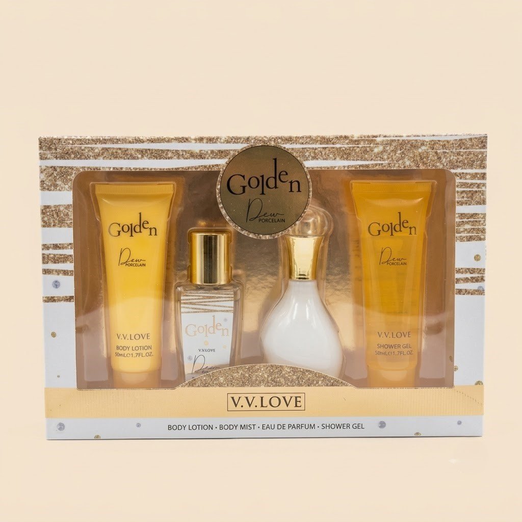 1c64550b-7aa3-4900-a21e-e40d3ba6d4bd66666666ععععععععععععععععع V.V. Love Golden Dew Porcelain 4-Piece Fragrance & Body Care Gift Set for Women - Image 1