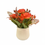 Artificial Orange Rose Arrangement in White Ribbed Pot