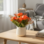 Artificial Orange Rose Arrangement in White Ribbed Pot - Image 3