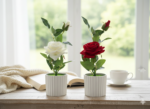 Artificial  Rose in White Ribbed Ceramic Pot - Image 2
