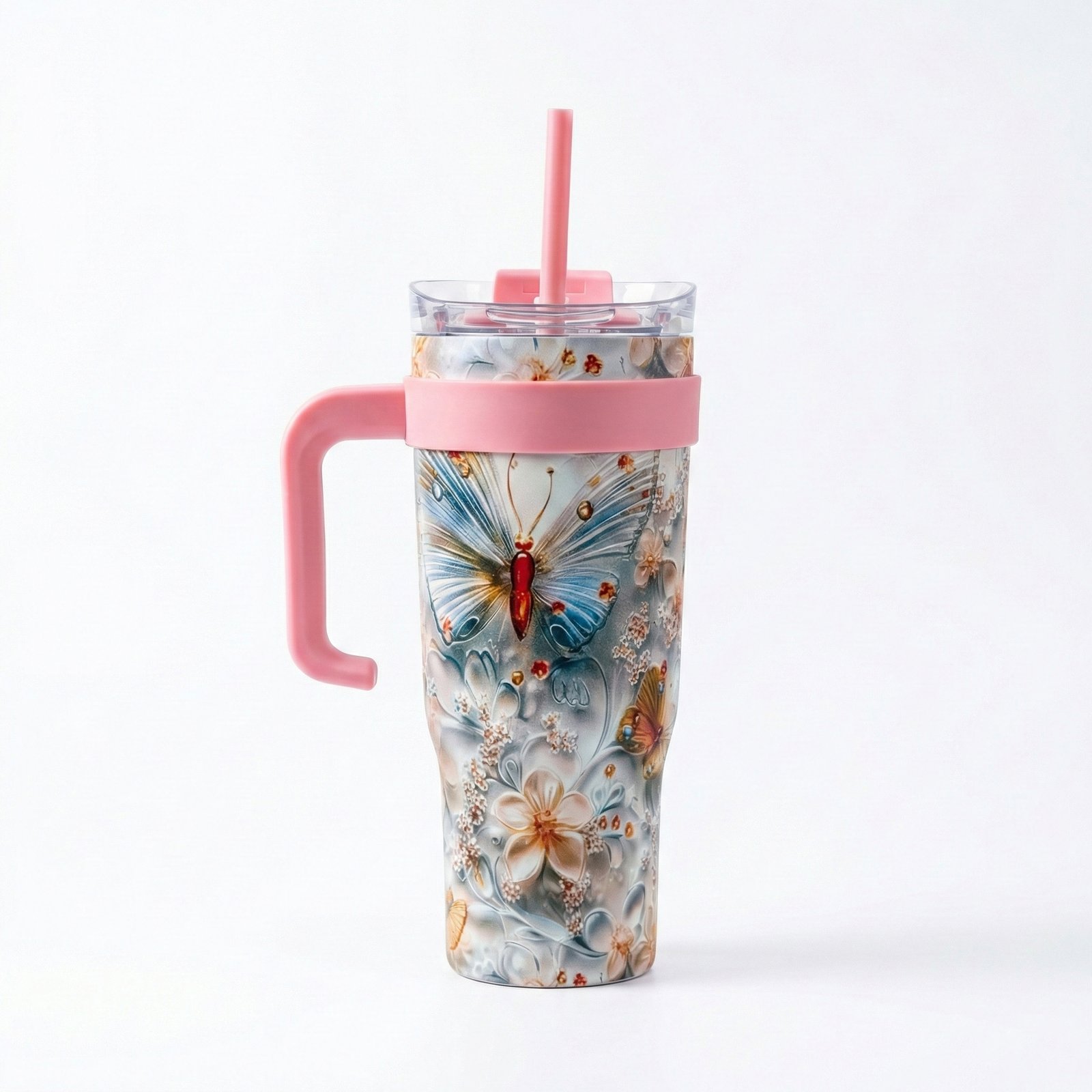 5= Butterfly Floral Tumbler with Handle and Lid Straw - Image 1