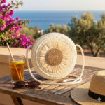 Kids Round Woven Straw Crossbody Bag with Raffia Flower - Image 3