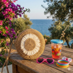 Kids Round Woven Straw Crossbody Bag with Raffia Flower