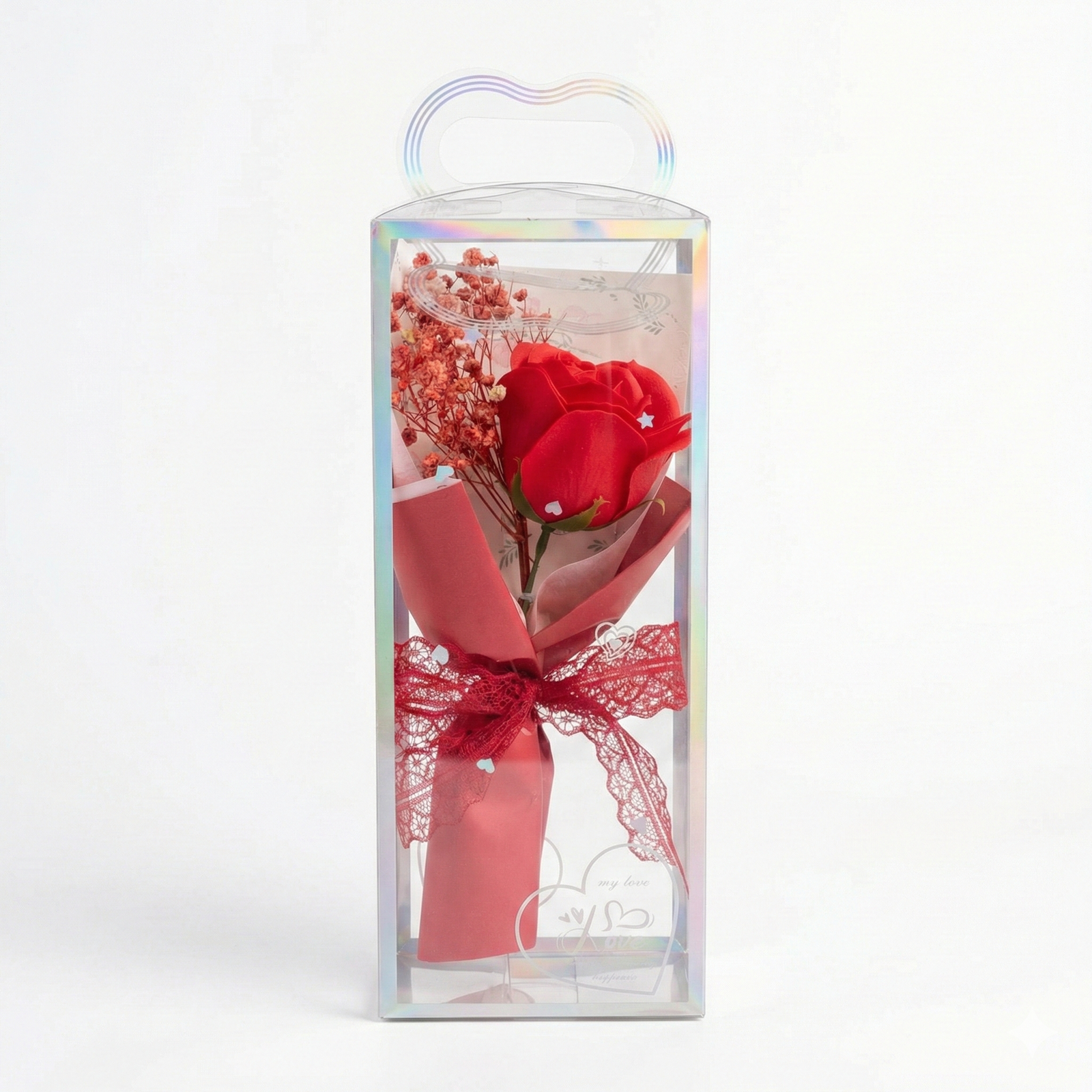 Gemini_Generated_Image_gq352kgq352kgq35 Single Preserved Red Rose in Iridescent Carrying Box - Image 1