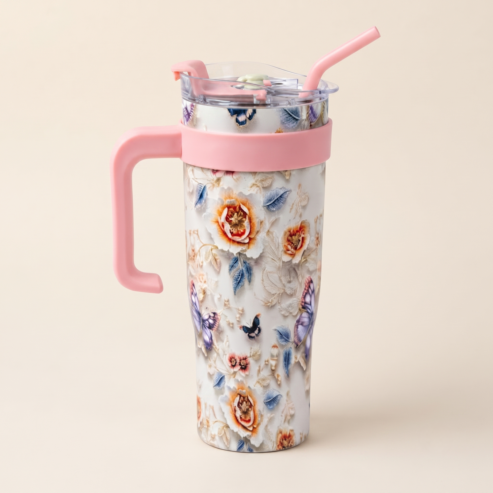 Gemini_Generated_Image_vs1qcuvs1qcuvs1q77777777 Pink Butterflies Floral Tumbler with Handle - Image 1