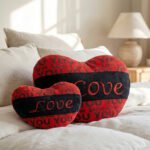 Red Heart Plush Pillow Set with Black Band "Love" Embroider - Image 2