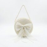 Round Woven Straw Bag with Tulle Bow and Pearl Detail - Image 2