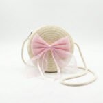 Round Woven Straw Bag with Tulle Bow and Pearl Detail