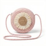 Kids Round Woven Straw Crossbody Bag with Raffia Flower - Image 2