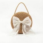 Round Woven Straw Bag with Tulle Bow and Pearl Detail - Image 4
