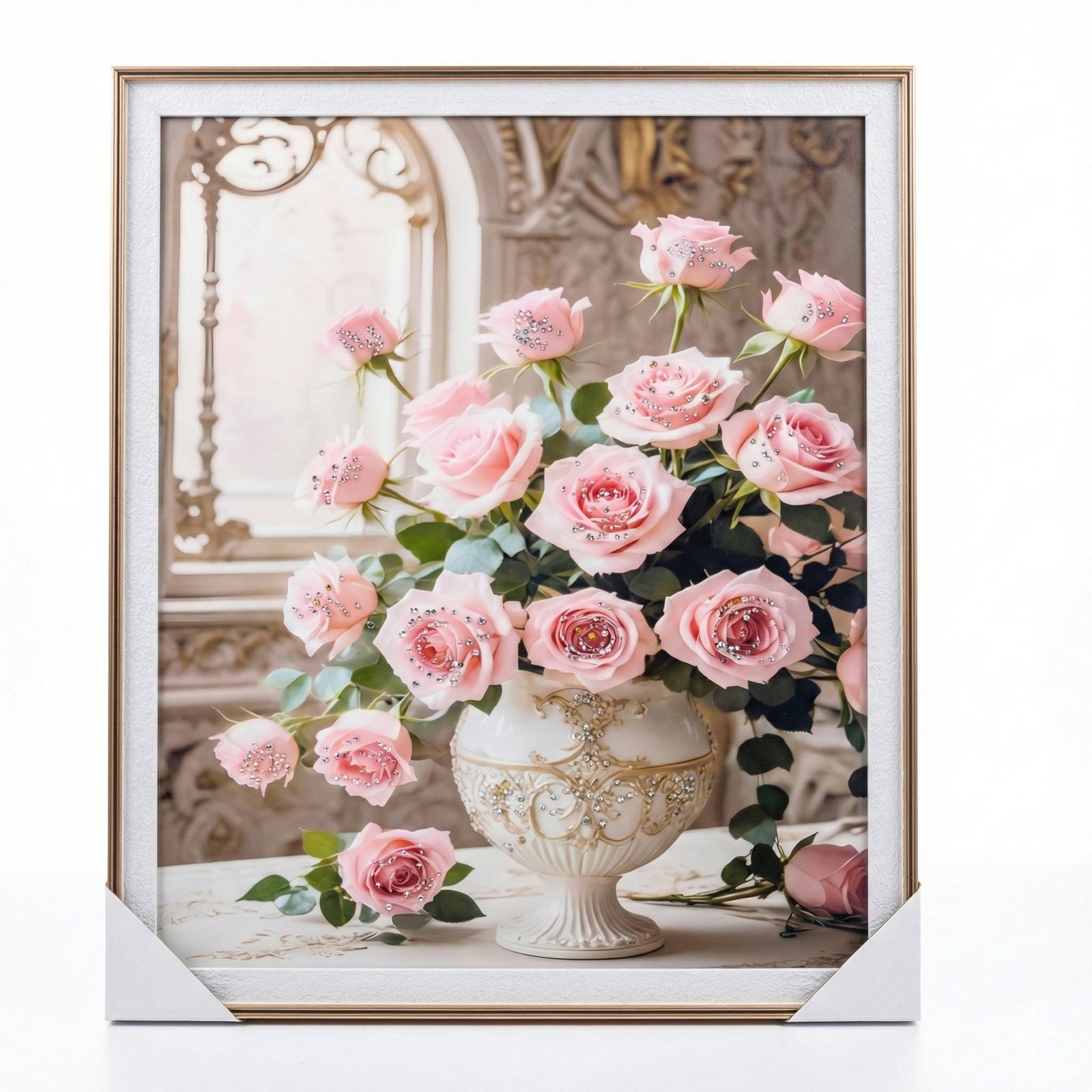 f7 Luxury Crystal Porcelain Wall Art - Pink Roses in White Ornate Vase/ 60*50 - Image 1