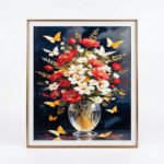 5D Diamond Painting Kit - Red & White Floral Vase with Butterflies/ 60*50