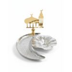 Hammered Silver Crescent Moon Serving Tray with Gold Mosque and Flower Bowl
