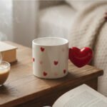 White and Red Debossed Heart Ceramic Mug with Heart Handle - Image 2