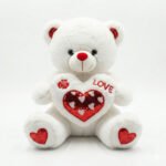 White Valentine's Teddy Bear with Sequin Heart and Rose Embroidery 40 cm