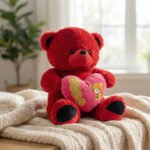Red Plush Teddy Bear Holding Pink Heart with Gold "LOVE" and Bear Applique 50 cm - Image 2