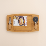 Bamboo Pizza Serving Set with Integrated Cutter and Serving Fork