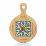 Mediterranean Round Wood Trivet with Ceramic Tile Inlay