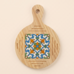Mediterranean Round Wood Trivet with Ceramic Tile Inlay