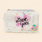 Clear Quilted Sequin Heart "Love You" Cosmetic Pouch - Image 2