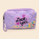 Clear Quilted Sequin Heart "Love You" Cosmetic Pouch