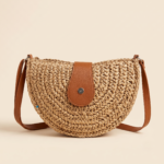 Woven Straw Saddle Crossbody Bag with Brown Leather Trim