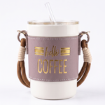 Hello Coffee Travel Mug with Leather Sleeve and Shoulder Strap - Image 3