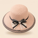Woven Straw Hat with Heart Pearl Bow and Lace