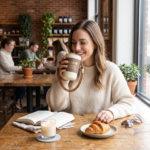 Hello Coffee Travel Mug with Leather Sleeve and Shoulder Strap - Image 2