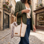 Modern Style Cream & Tan Tote Bag with Scarf - Image 5