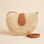 Woven Straw Saddle Crossbody Bag with Brown Leather Trim - Image 3