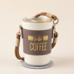 Hello Coffee Travel Mug with Leather Sleeve and Shoulder Strap