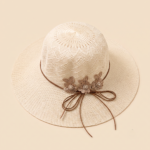 Woven Straw Hat with Beaded Flower Appliqué and Bow