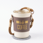 Hello Coffee Travel Mug with Leather Sleeve and Shoulder Strap