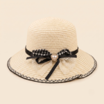 Woven Straw Hat with Heart Pearl Bow and Lace - Image 2
