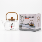 Heat-Resistant Borosilicate Glass Teapot with Bamboo Handle (I Love Tea Arabic Design)