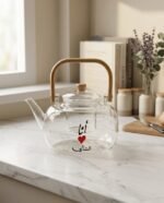 Heat-Resistant Borosilicate Glass Teapot with Bamboo Handle (I Love Tea Arabic Design) - Image 3