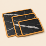 Set of 3 Black Marble Print Wooden Serving Trays