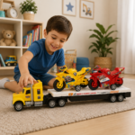 Friction Powered Heavy Cargo Transport Truck with Racing Motorcycles Playset