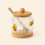 Glass Honey Jar with Wooden Dipper, Bamboo Lid and Bee Accents