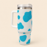 Rhinestone Cow Print Insulated Tumbler with Handle, Lid and Straw – Blue