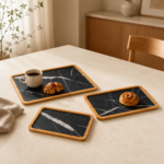 3-Piece Rectangular Black Marble-Effect Bamboo Serving Tray Set - Image 2
