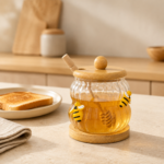 Glass Honey Jar with Wooden Dipper, Bamboo Lid and Bee Accents - Image 2