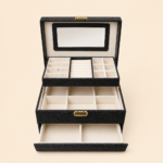Black Glitter Leather 3-Tier Lockable Jewelry Organizer Box - Image 2