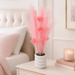 Artificial Feather Pampas Grass & Rose Flower Arrangement in Ceramic Pot - Image 3